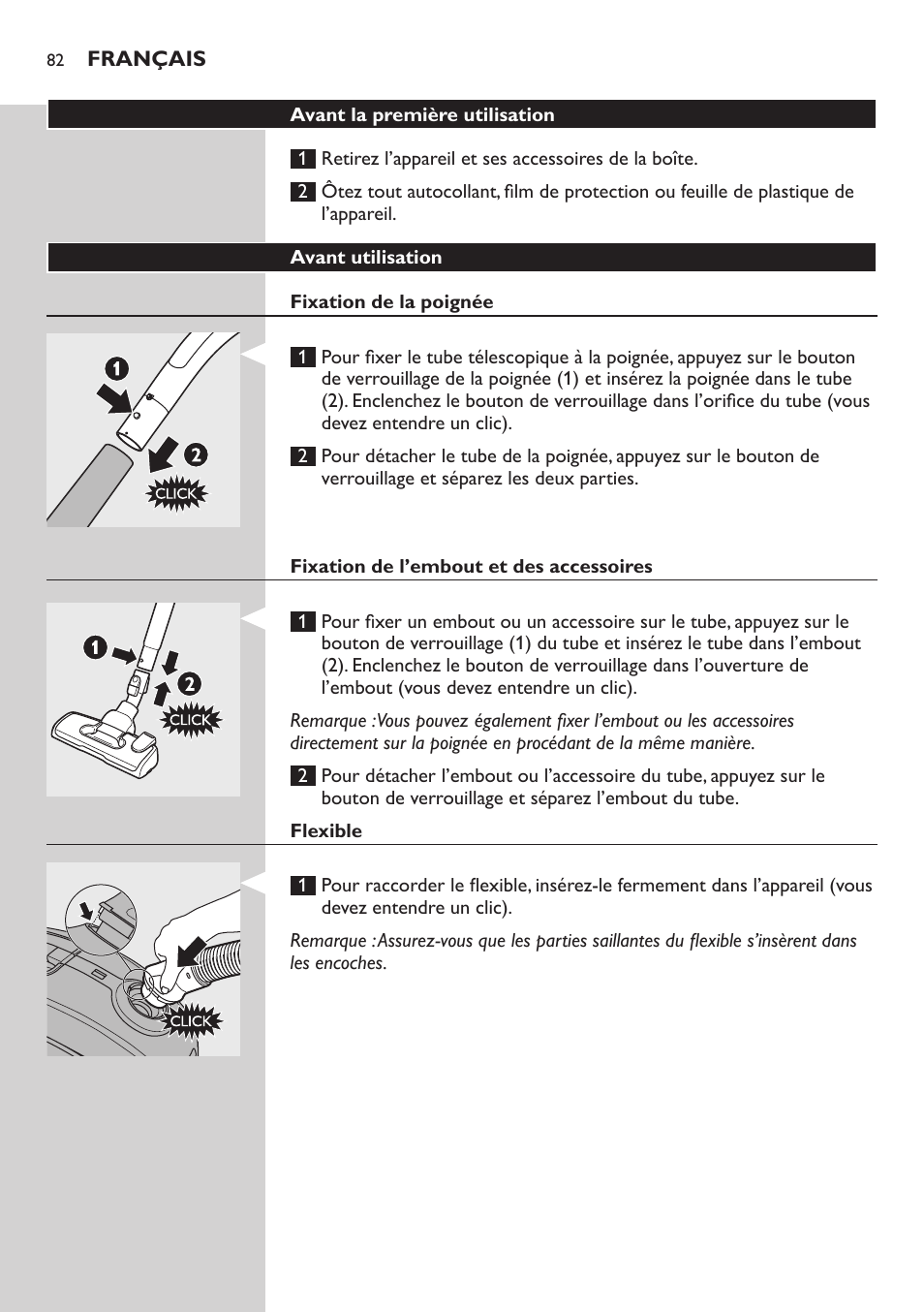 Avant la première utilisation, Avant utilisation, Fixation de la poignée | Fixation de l’embout et des accessoires, Flexible | Philips SilentStar Aspirateur avec sac User Manual | Page 82 / 166