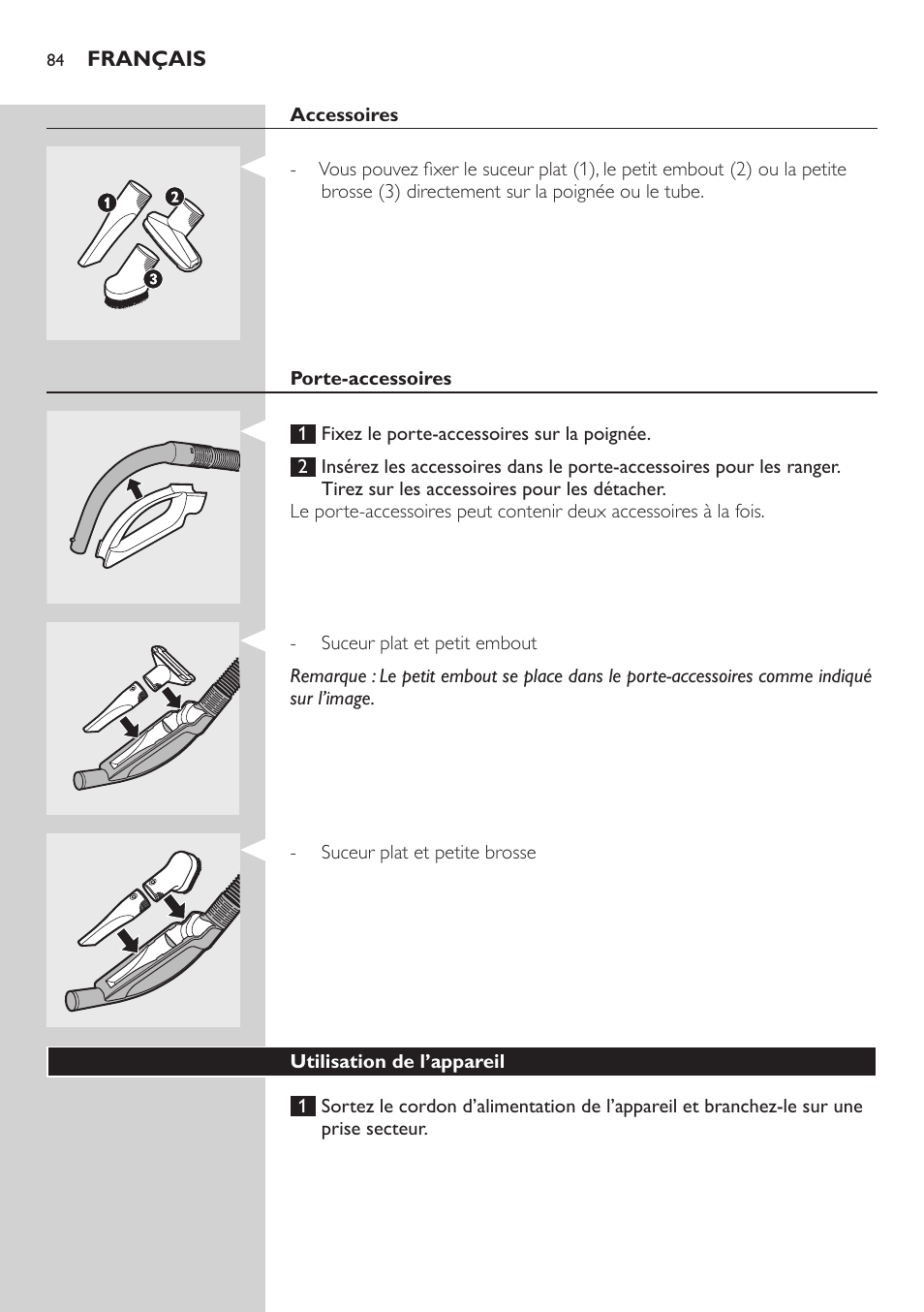 Accessoires, Porte-accessoires, Utilisation de l’appareil | Philips SilentStar Aspirateur avec sac User Manual | Page 84 / 166