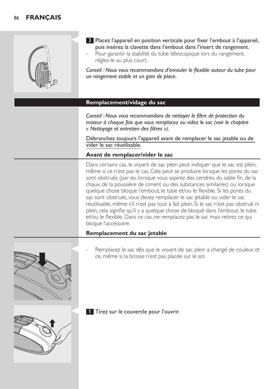 Remplacement/vidage du sac, Avant de remplacer/vider le sac, Remplacement du sac jetable | Philips SilentStar Aspirateur avec sac User Manual | Page 86 / 166