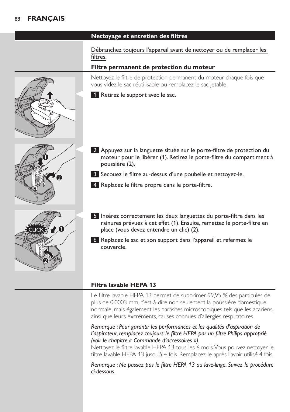 Nettoyage et entretien des filtres, Filtre permanent de protection du moteur, Filtre lavable hepa 13 | Philips SilentStar Aspirateur avec sac User Manual | Page 88 / 166