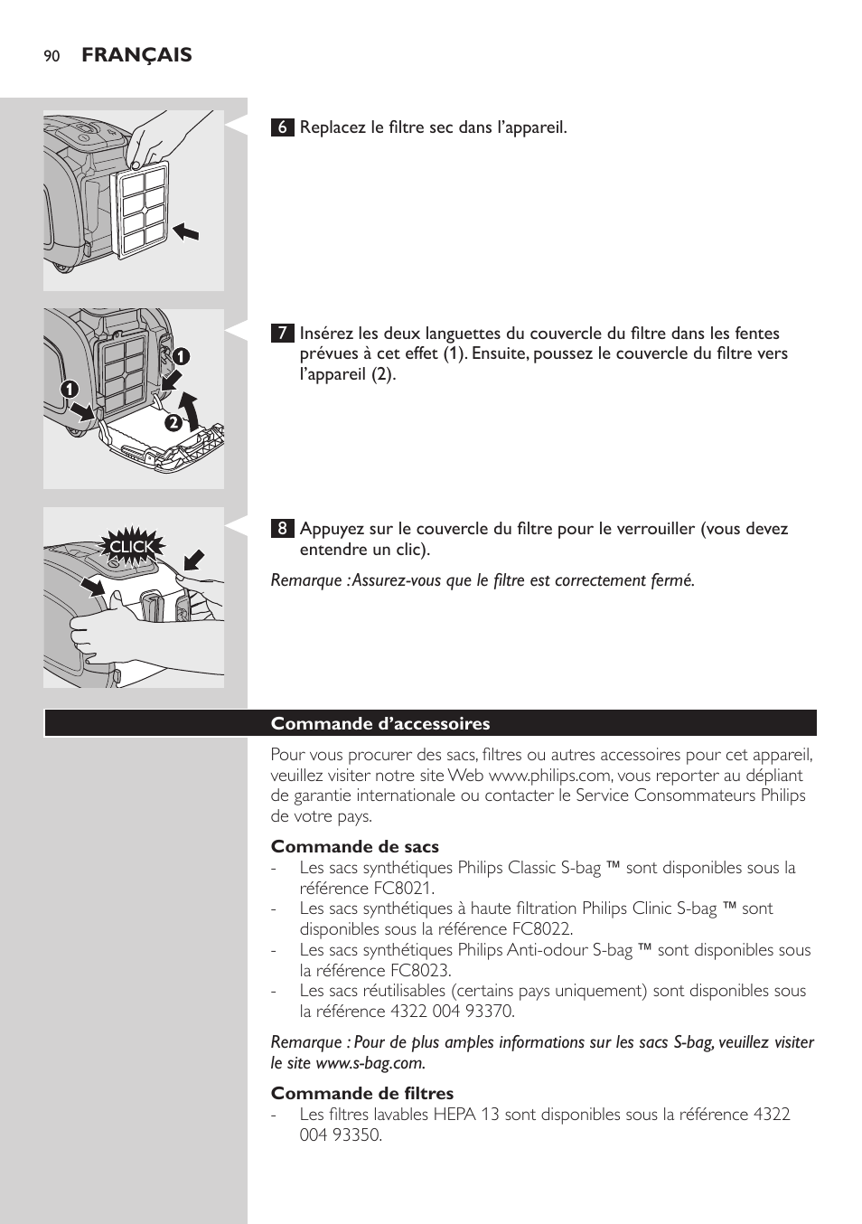 Commande de sacs, Commande de filtres, Commande d’accessoires | Philips SilentStar Aspirateur avec sac User Manual | Page 90 / 166