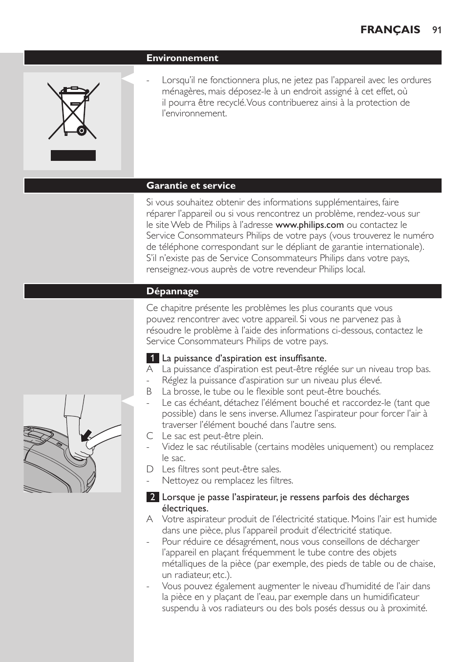 Environnement, Garantie et service, Dépannage | Philips SilentStar Aspirateur avec sac User Manual | Page 91 / 166