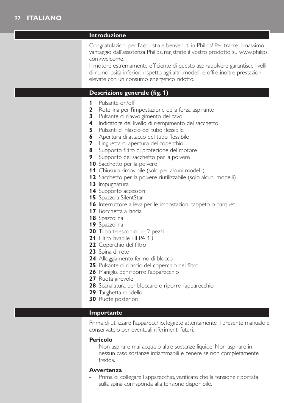 Pericolo, Avvertenza, Italiano | Introduzione, Descrizione generale (fig. 1), Importante | Philips SilentStar Aspirateur avec sac User Manual | Page 92 / 166