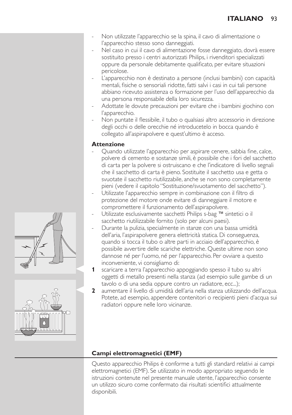 Attenzione, Campi elettromagnetici (emf) | Philips SilentStar Aspirateur avec sac User Manual | Page 93 / 166