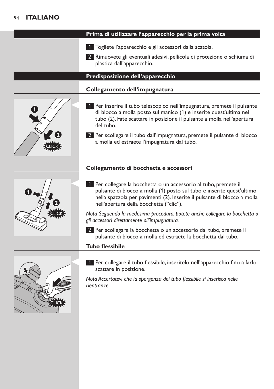 Predisposizione dell’apparecchio, Collegamento dell’impugnatura, Collegamento di bocchetta e accessori | Tubo flessibile | Philips SilentStar Aspirateur avec sac User Manual | Page 94 / 166