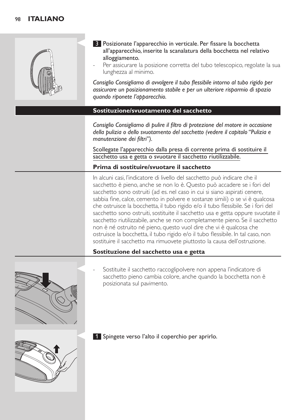 Sostituzione/svuotamento del sacchetto, Prima di sostituire/svuotare il sacchetto, Sostituzione del sacchetto usa e getta | Philips SilentStar Aspirateur avec sac User Manual | Page 98 / 166