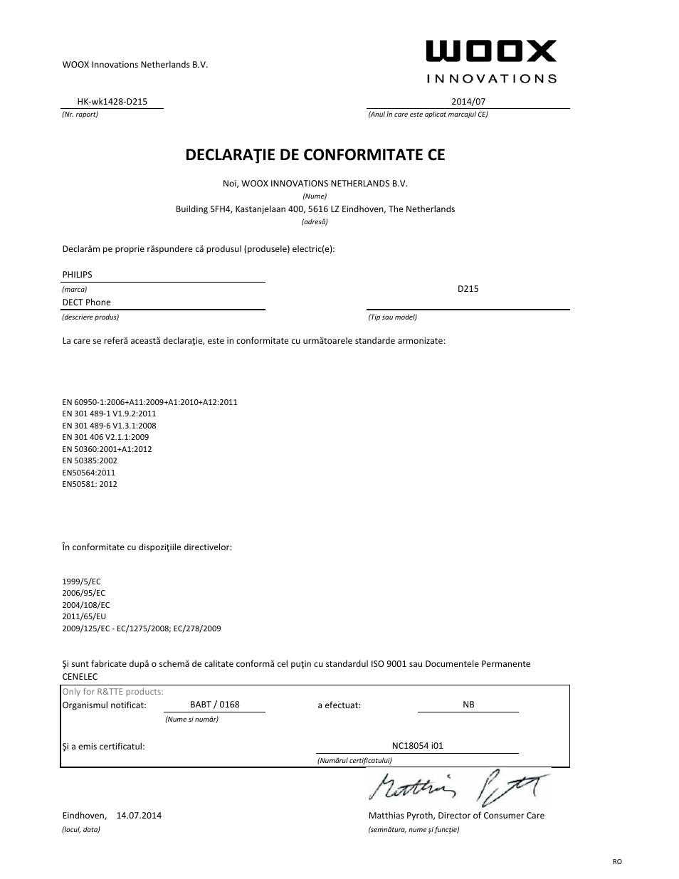 Declaraţie de conformitate ce | Philips Téléphone fixe sans fil avec répondeur User Manual | Page 12 / 21