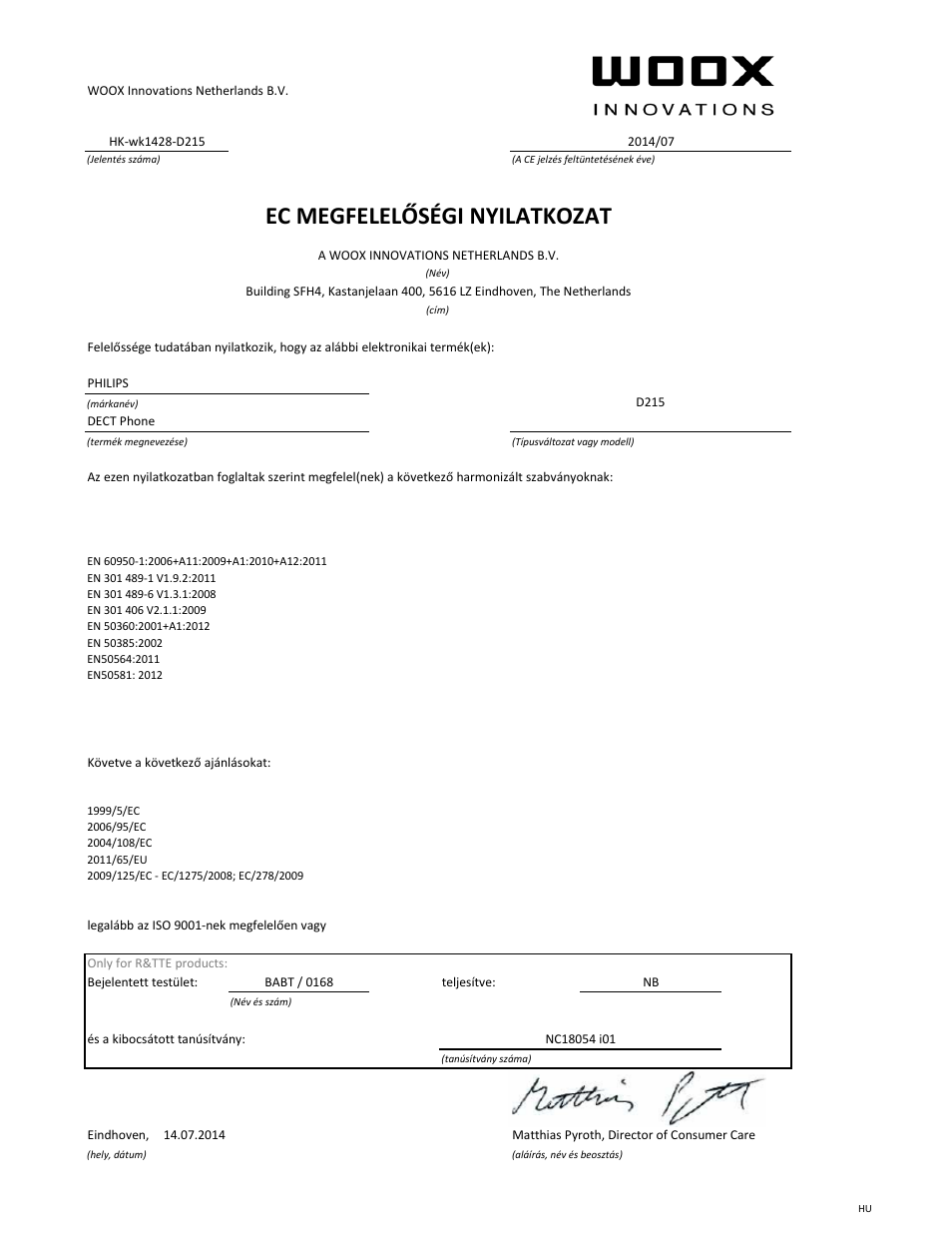 Ec megfelelőségi nyilatkozat | Philips Téléphone fixe sans fil avec répondeur User Manual | Page 13 / 21