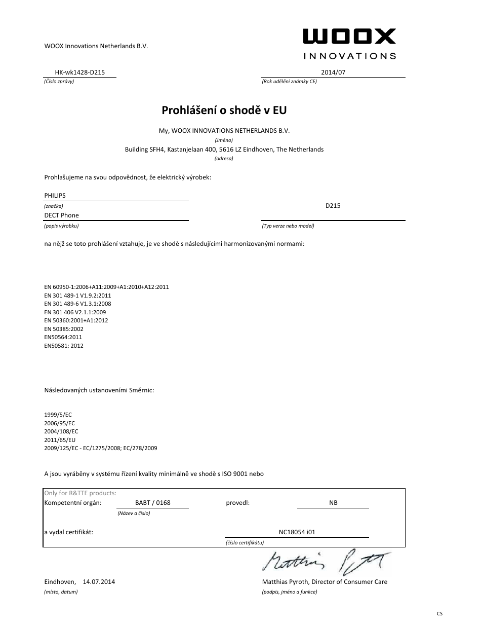 Prohlášení o shodě v eu | Philips Téléphone fixe sans fil avec répondeur User Manual | Page 15 / 21