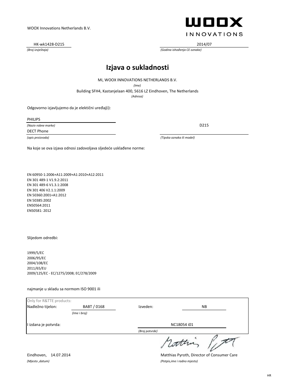 Izjava o sukladnosti | Philips Téléphone fixe sans fil avec répondeur User Manual | Page 16 / 21