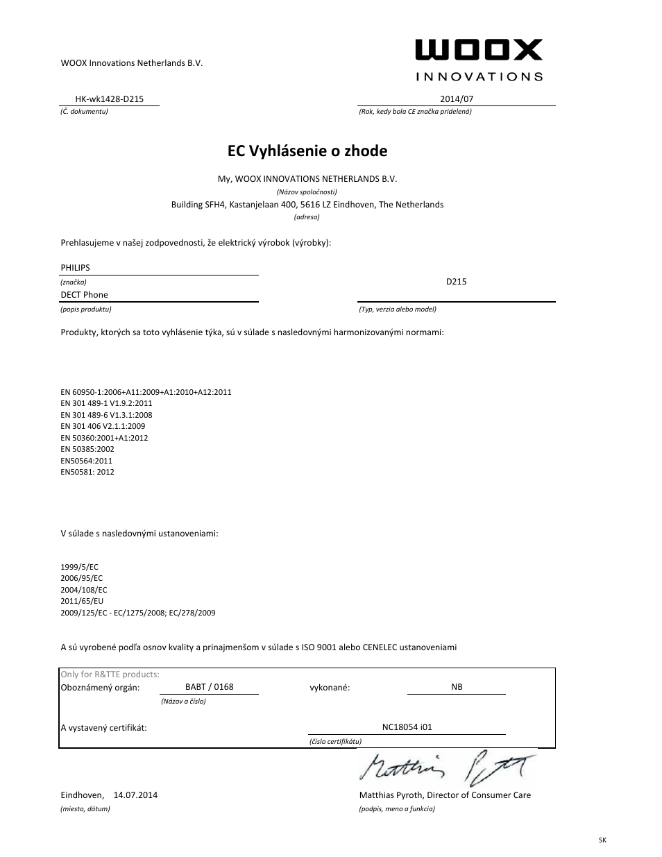 Ec vyhlásenie o zhode | Philips Téléphone fixe sans fil avec répondeur User Manual | Page 18 / 21