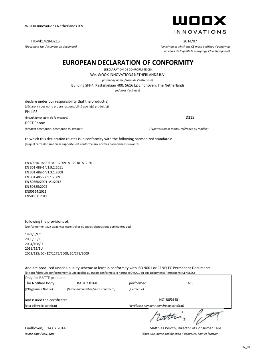 European declaration of conformity | Philips Téléphone fixe sans fil avec répondeur User Manual | Page 2 / 21