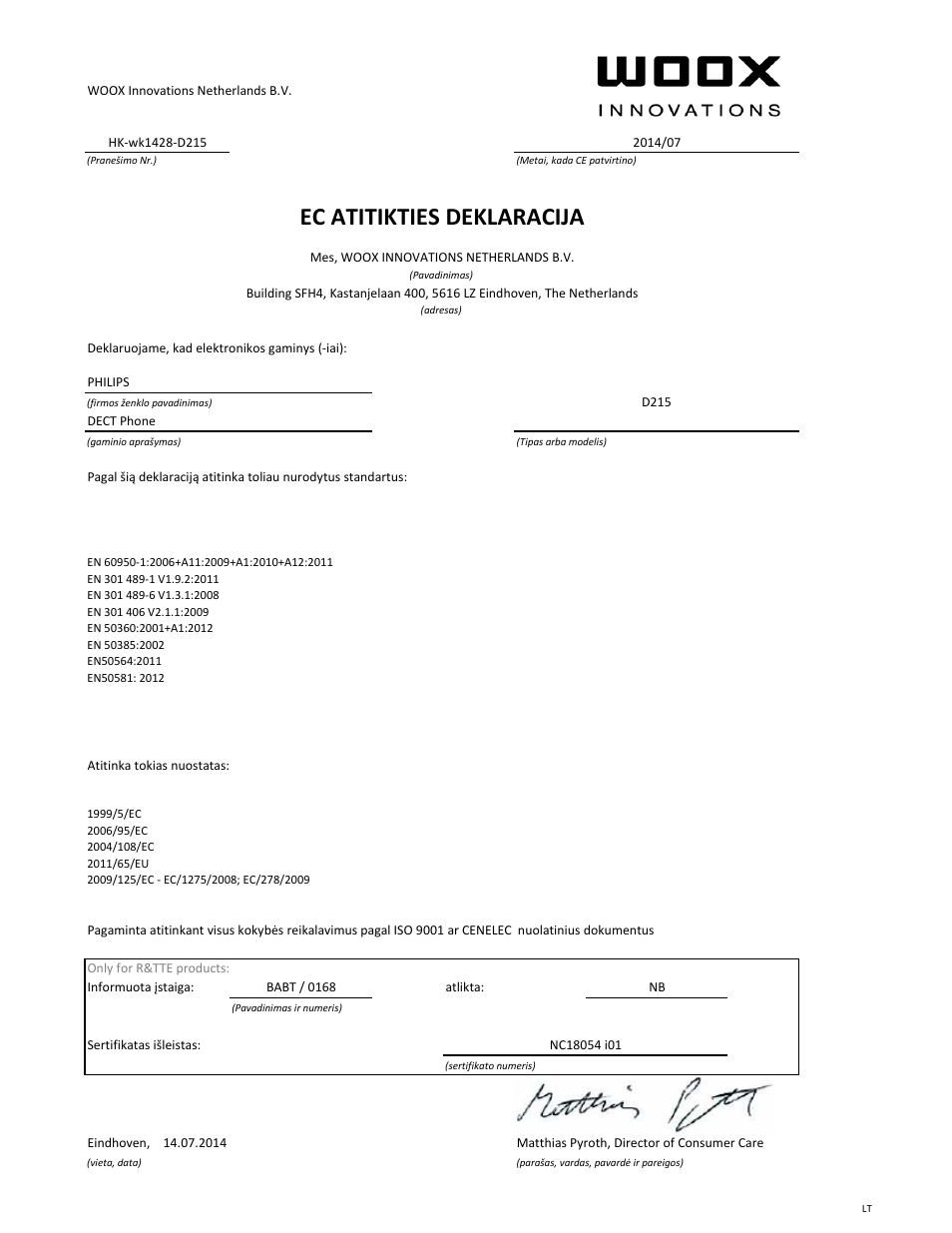 Ec atitikties deklaracija | Philips Téléphone fixe sans fil avec répondeur User Manual | Page 20 / 21