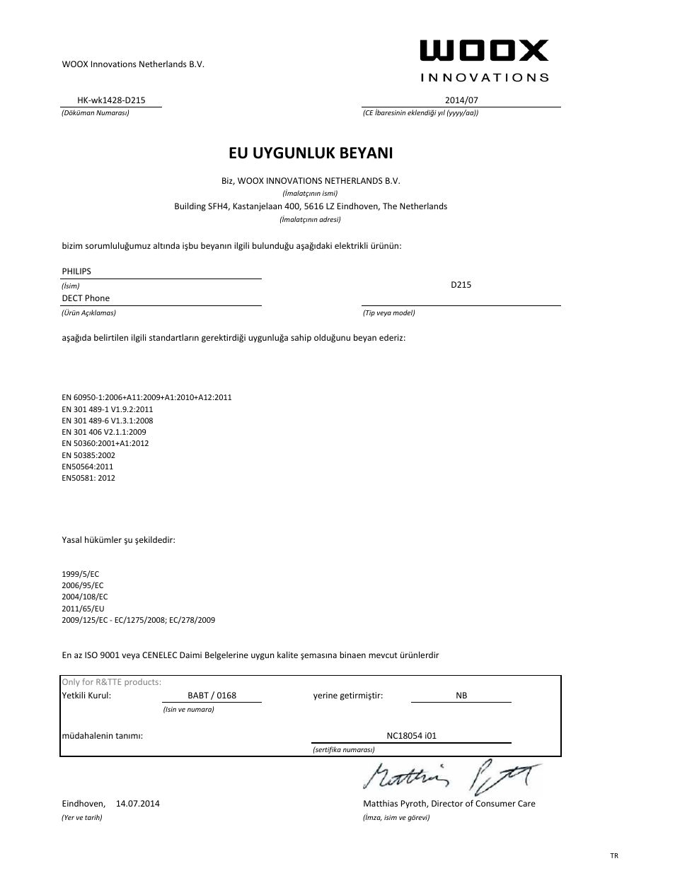 Eu uygunluk beyani | Philips Téléphone fixe sans fil avec répondeur User Manual | Page 21 / 21