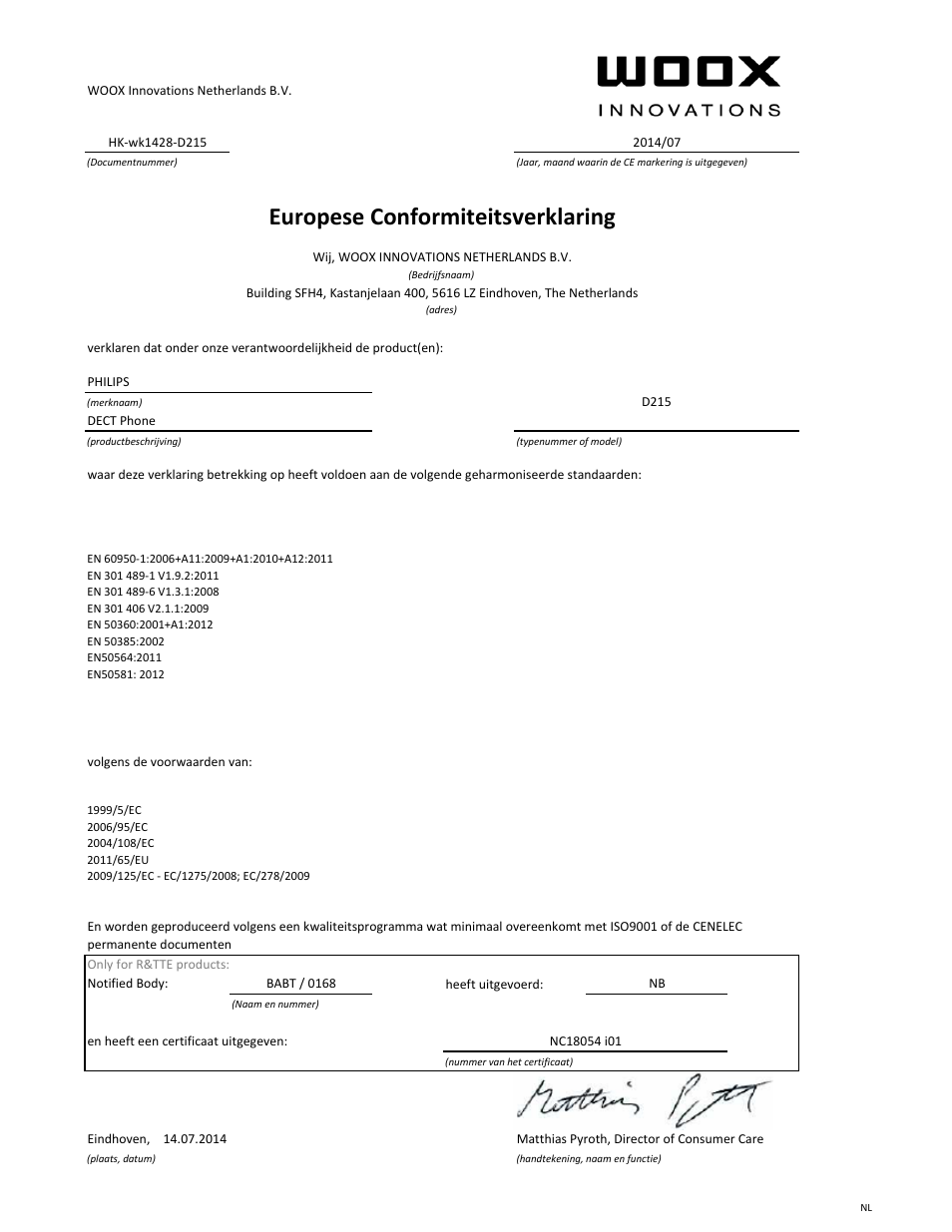 Europese conformiteitsverklaring | Philips Téléphone fixe sans fil avec répondeur User Manual | Page 4 / 21