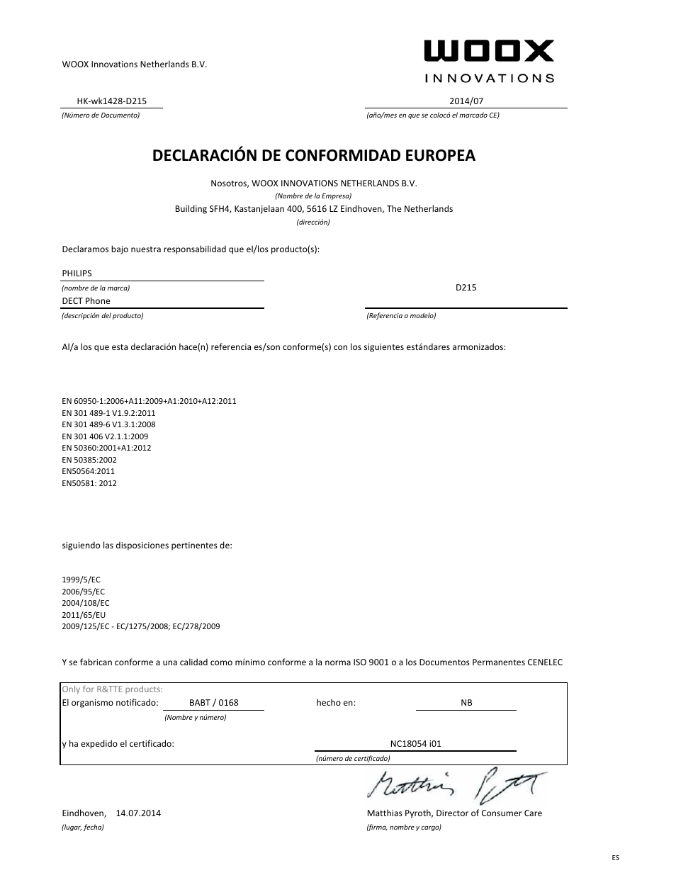 Declaración de conformidad europea | Philips Téléphone fixe sans fil avec répondeur User Manual | Page 7 / 21