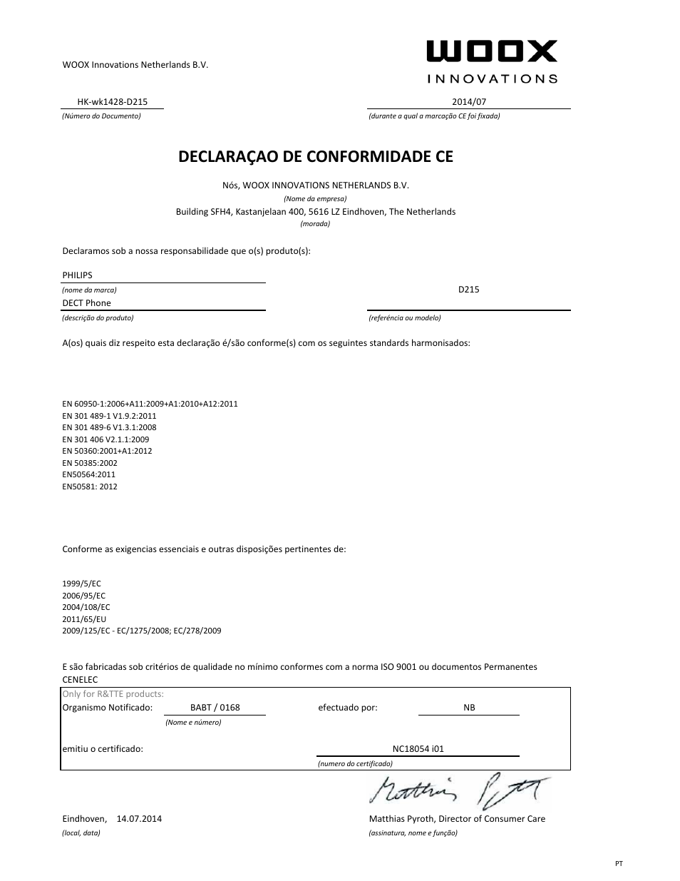 Declaraçao de conformidade ce | Philips Téléphone fixe sans fil avec répondeur User Manual | Page 8 / 21