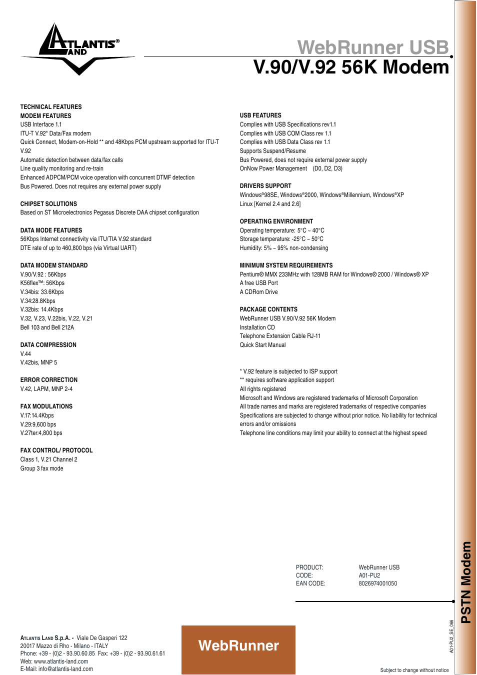 Webrunner, Pstn modem | Atlantis WEBRUNNER V.90 User Manual | Page 2 / 2