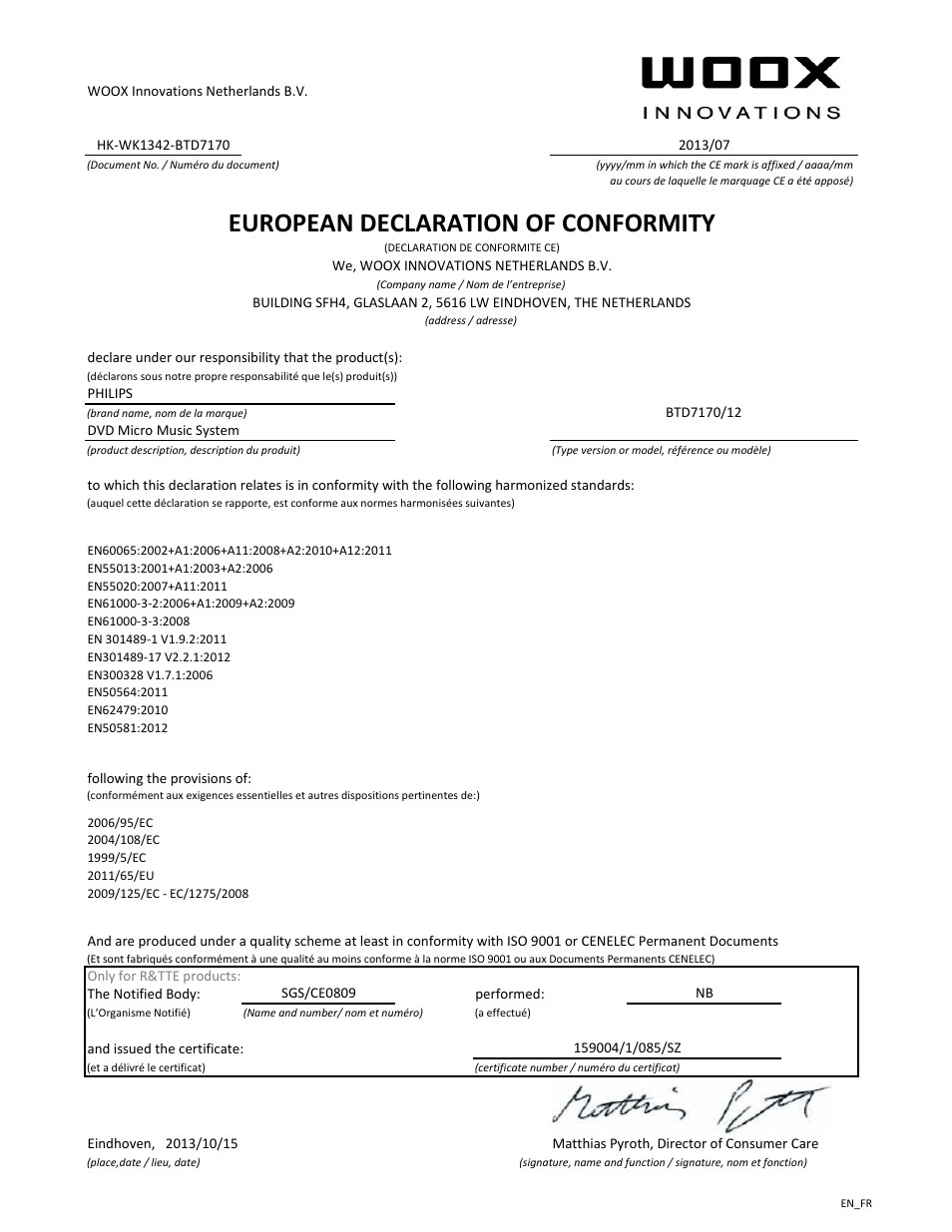 European declaration of conformity | Philips Microchaîne DVD User Manual | Page 2 / 21