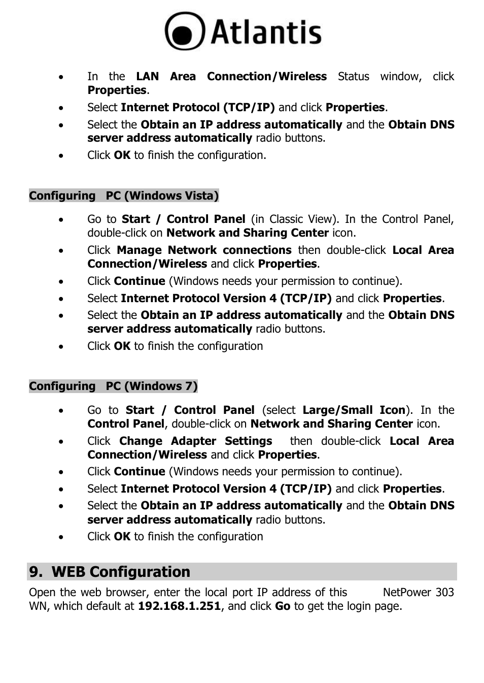 Configuring pc (windows vista), Configuring pc (windows 7), Web configuration | Atlantis A02-PL303-WN User Manual | Page 17 / 68