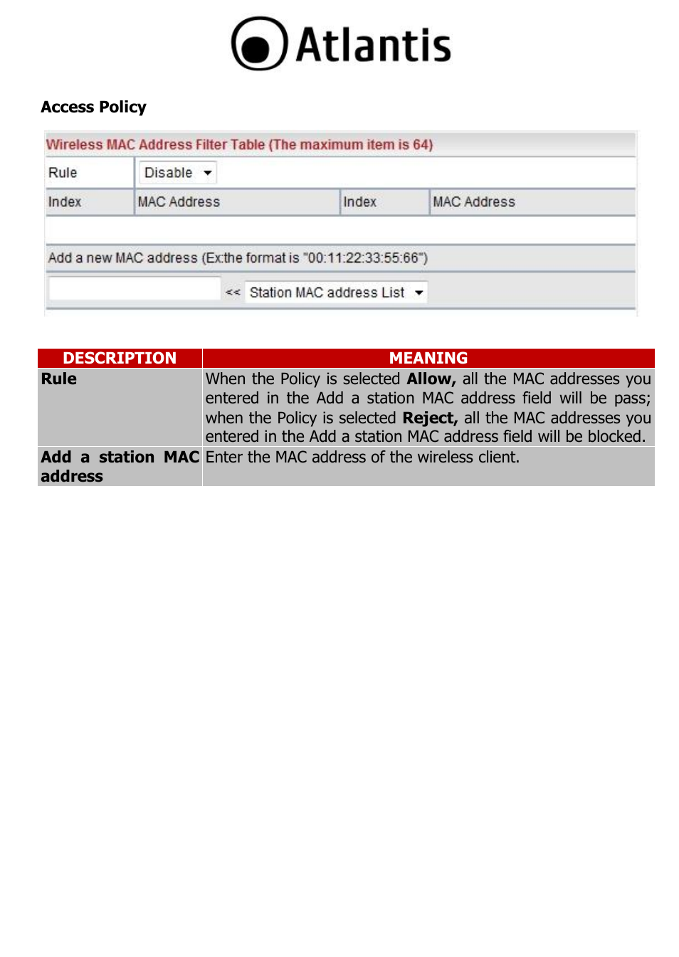Access policy, Access policy 36 | Atlantis A02-PL303-WN User Manual | Page 36 / 68