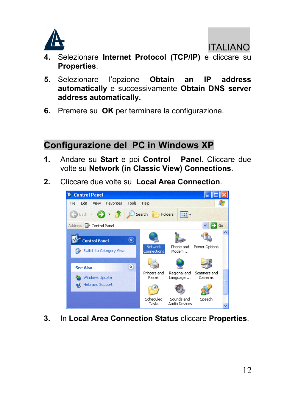 Italiano, Configurazione del pc in windows xp | Atlantis A02-RA241-W54 User Manual | Page 12 / 80