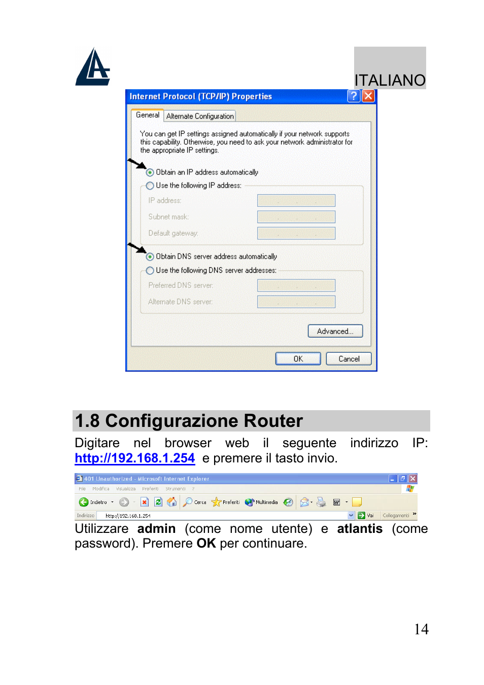8 configurazione router, Italiano | Atlantis A02-RA241-W54 User Manual | Page 14 / 80