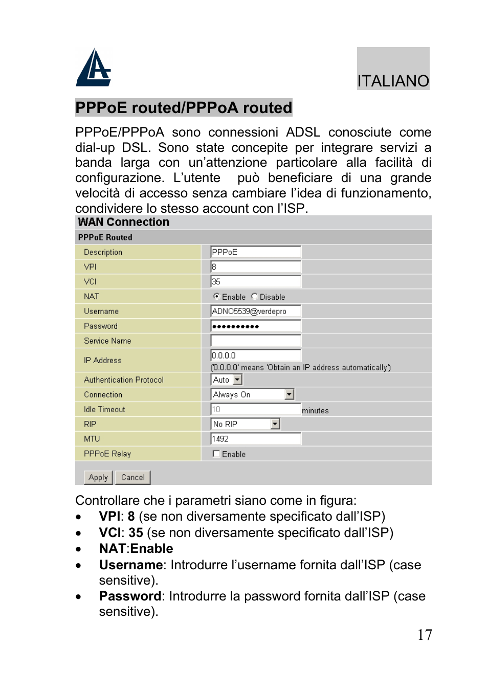 Italiano, 17 pppoe routed/pppoa routed | Atlantis A02-RA241-W54 User Manual | Page 17 / 80