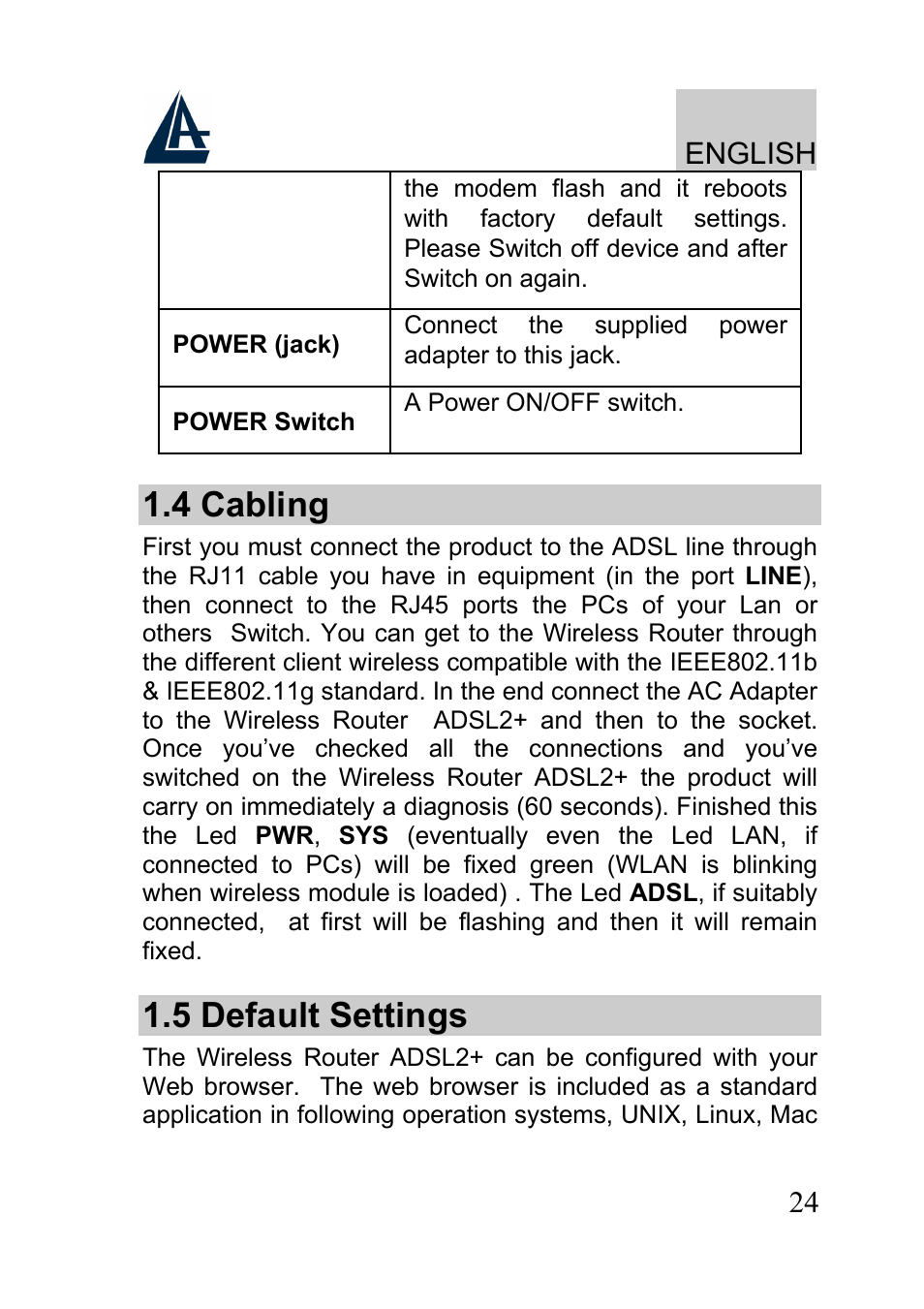 4 cabling, 5 default settings | Atlantis A02-RA241-W54 User Manual | Page 24 / 80