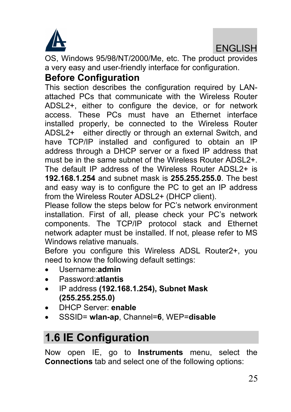 6 ie configuration, English, Before configuration | Atlantis A02-RA241-W54 User Manual | Page 25 / 80