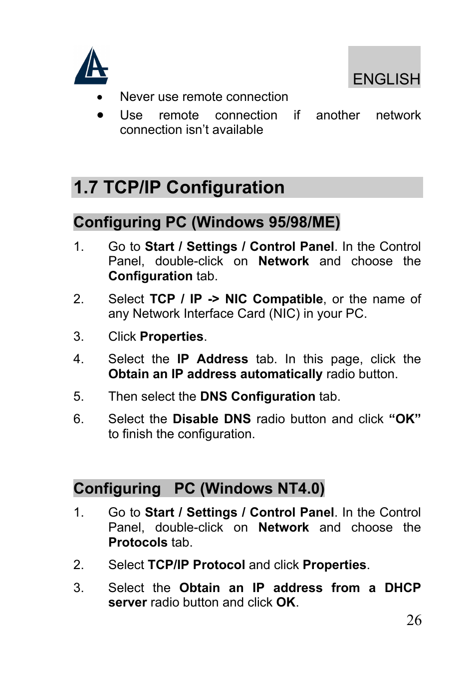 7 tcp/ip configuration, English, Configuring pc (windows 95/98/me) | Configuring pc (windows nt4.0) | Atlantis A02-RA241-W54 User Manual | Page 26 / 80