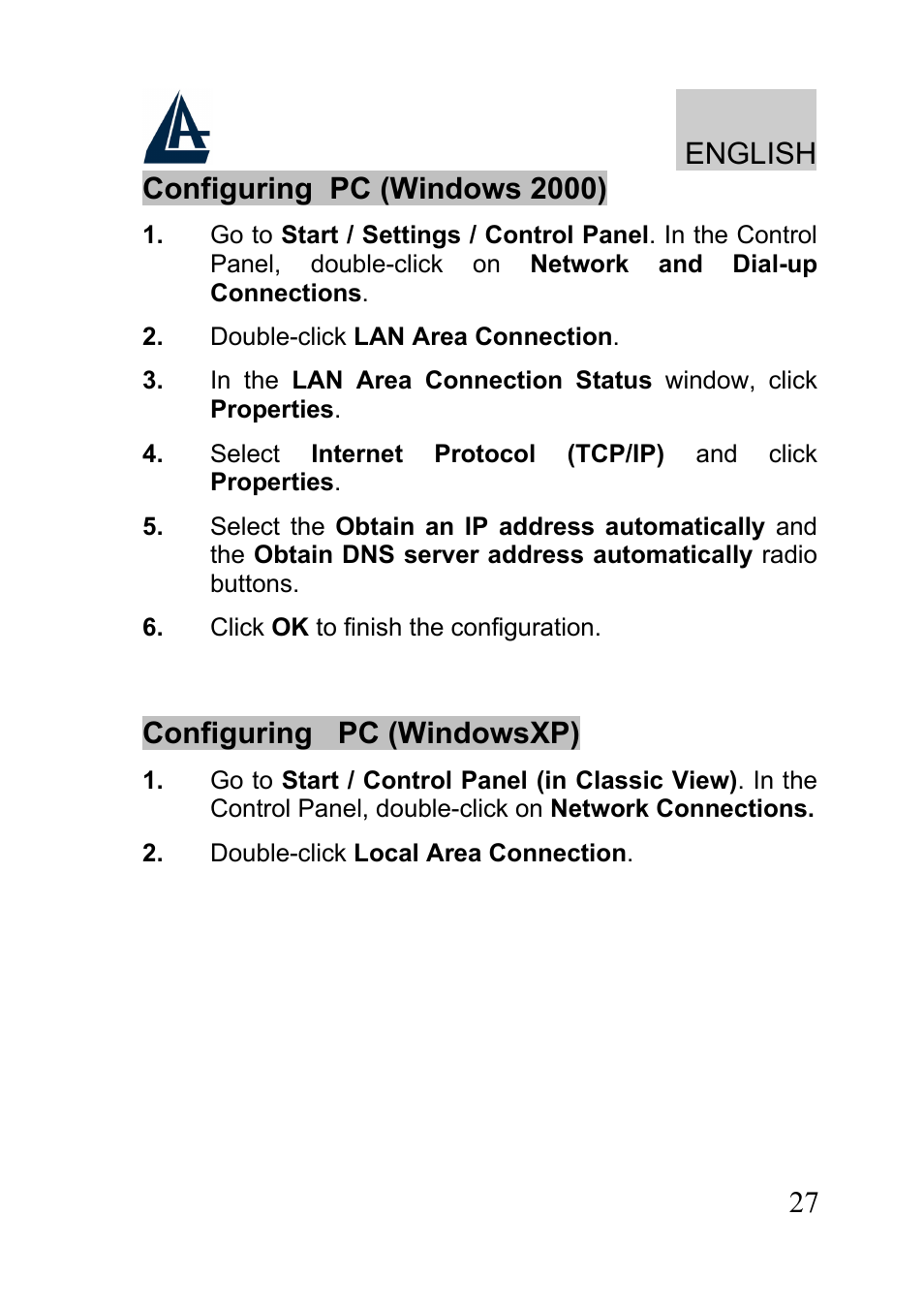 English, Configuring pc (windowsxp) | Atlantis A02-RA241-W54 User Manual | Page 27 / 80