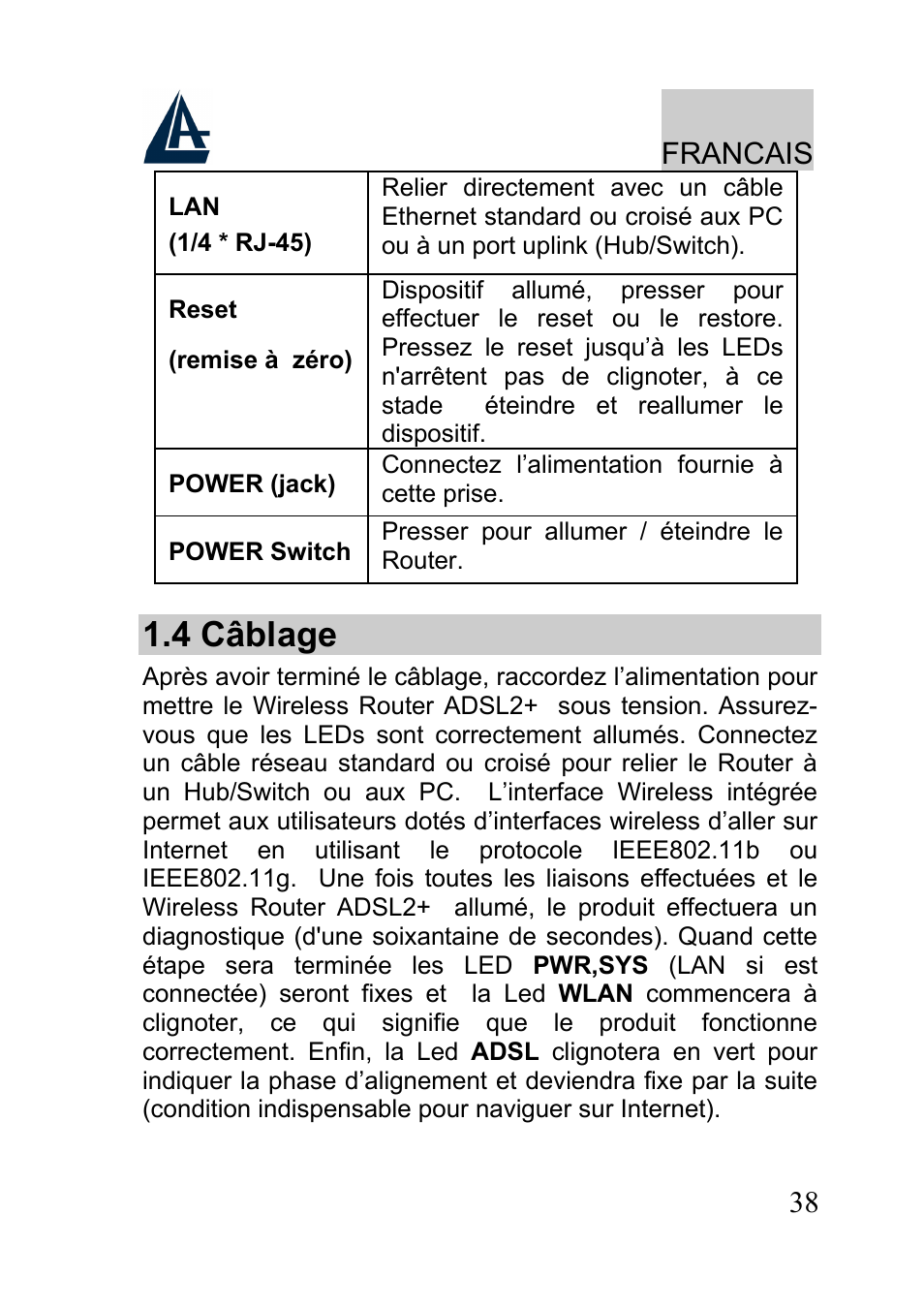 4 câblage, Francais | Atlantis A02-RA241-W54 User Manual | Page 38 / 80
