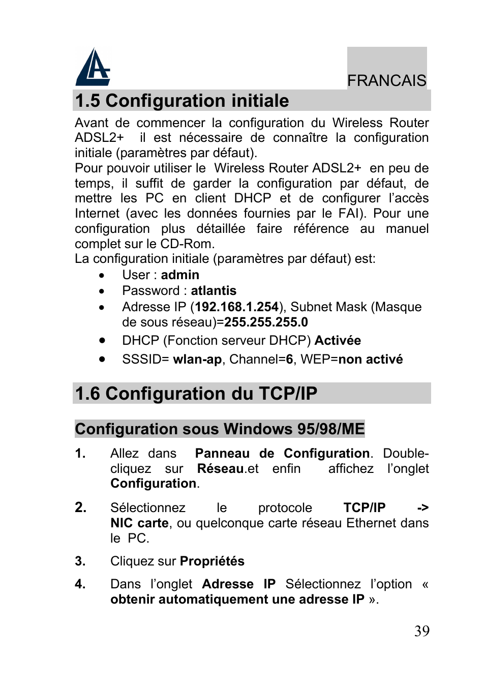 5 configuration initiale, 6 configuration du tcp/ip | Atlantis A02-RA241-W54 User Manual | Page 39 / 80