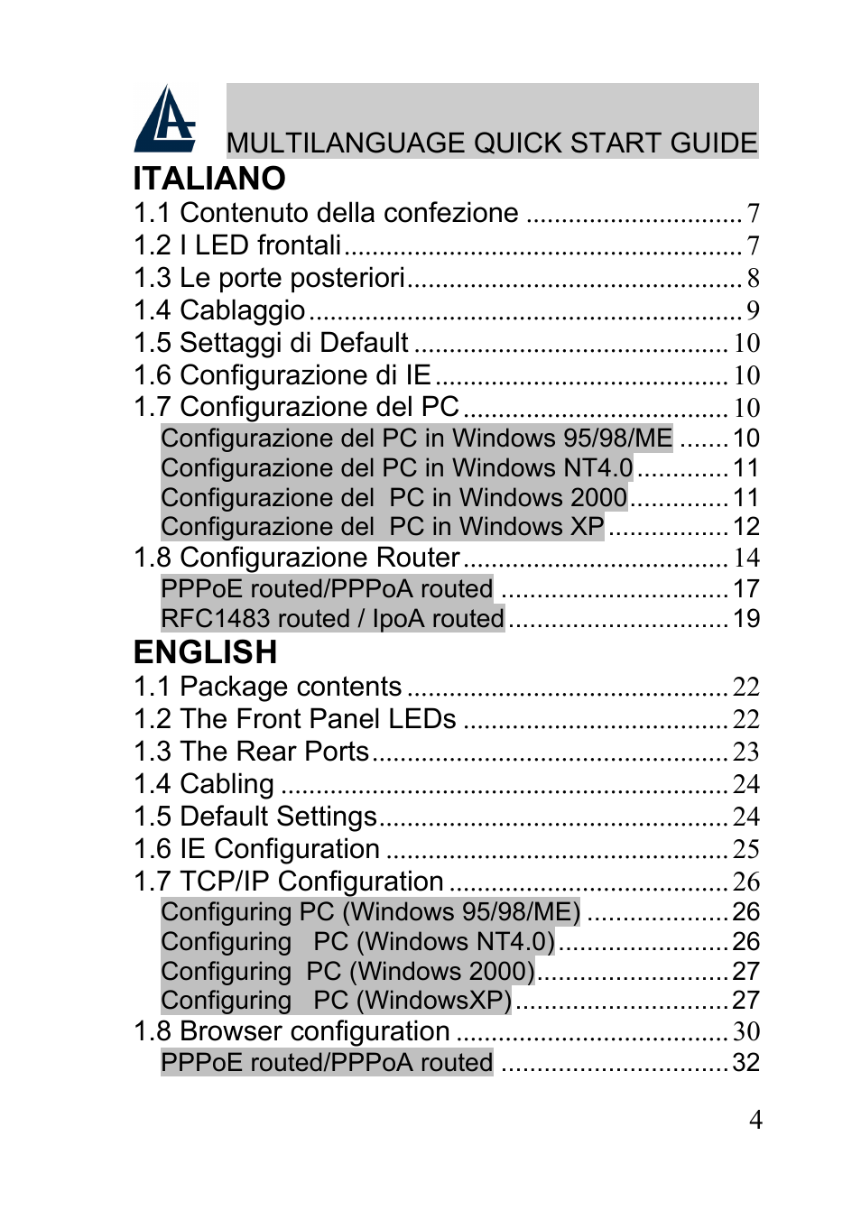 Italiano, English | Atlantis A02-RA241-W54 User Manual | Page 4 / 80