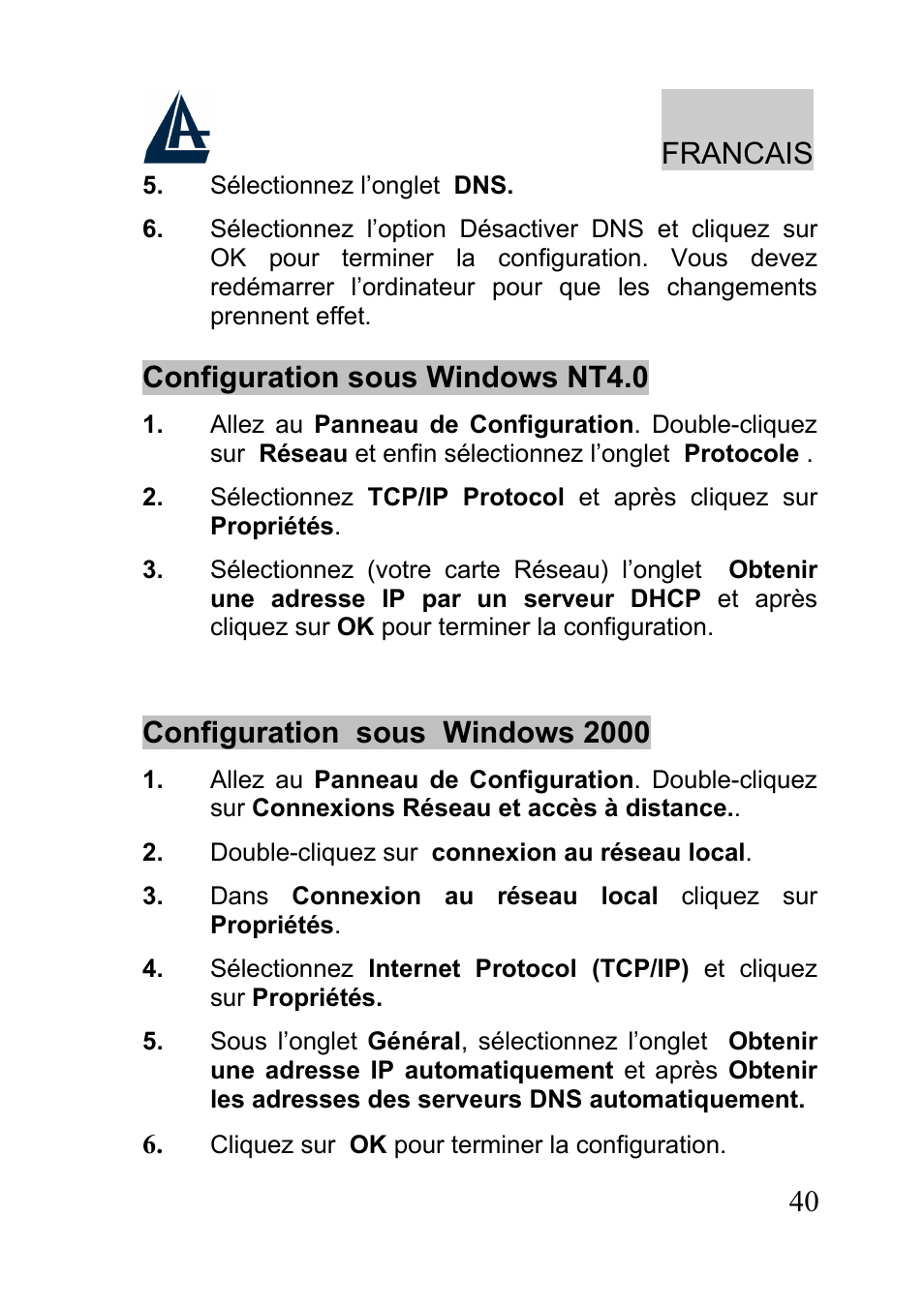 Francais, Configuration sous windows nt4.0, Configuration sous windows 2000 | Atlantis A02-RA241-W54 User Manual | Page 40 / 80