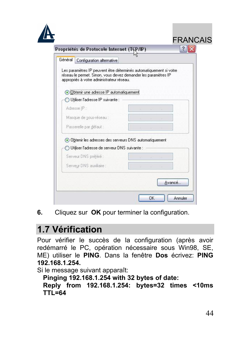 7 vérification, Francais | Atlantis A02-RA241-W54 User Manual | Page 44 / 80