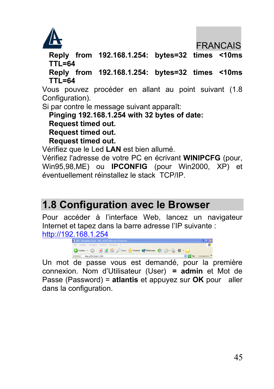 8 configuration avec le browser, Francais | Atlantis A02-RA241-W54 User Manual | Page 45 / 80