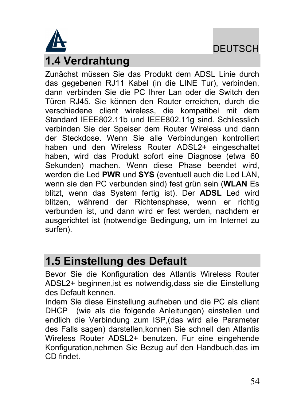 4 verdrahtung, 5 einstellung des default | Atlantis A02-RA241-W54 User Manual | Page 54 / 80