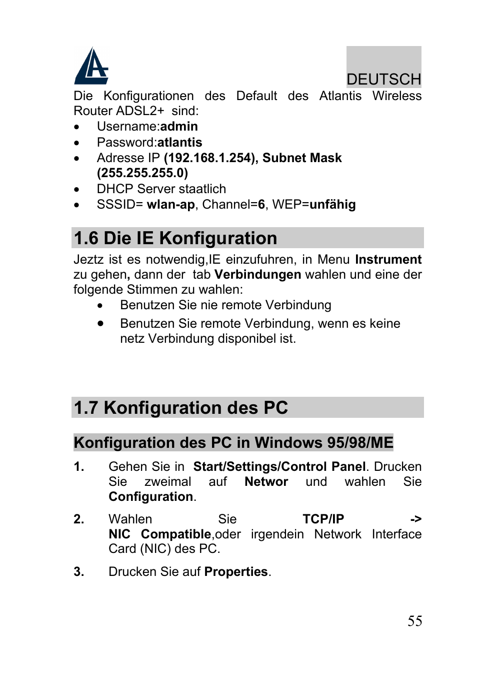 6 die ie konfiguration, 7 konfiguration des pc | Atlantis A02-RA241-W54 User Manual | Page 55 / 80