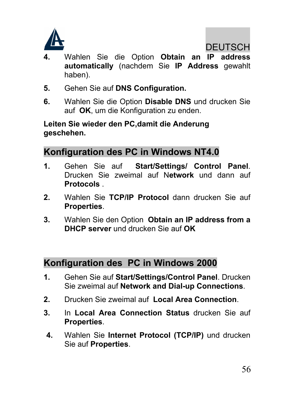 Deutsch, Konfiguration des pc in windows nt4.0, Konfiguration des pc in windows 2000 | Atlantis A02-RA241-W54 User Manual | Page 56 / 80