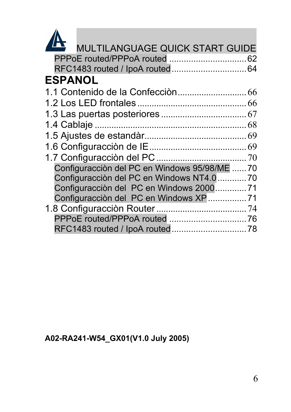 Espanol | Atlantis A02-RA241-W54 User Manual | Page 6 / 80
