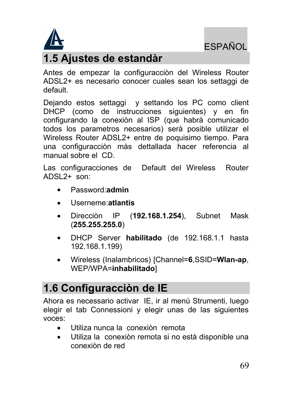 5 ajustes de estandàr, 6 configuracciòn de ie, Español | Atlantis A02-RA241-W54 User Manual | Page 69 / 80