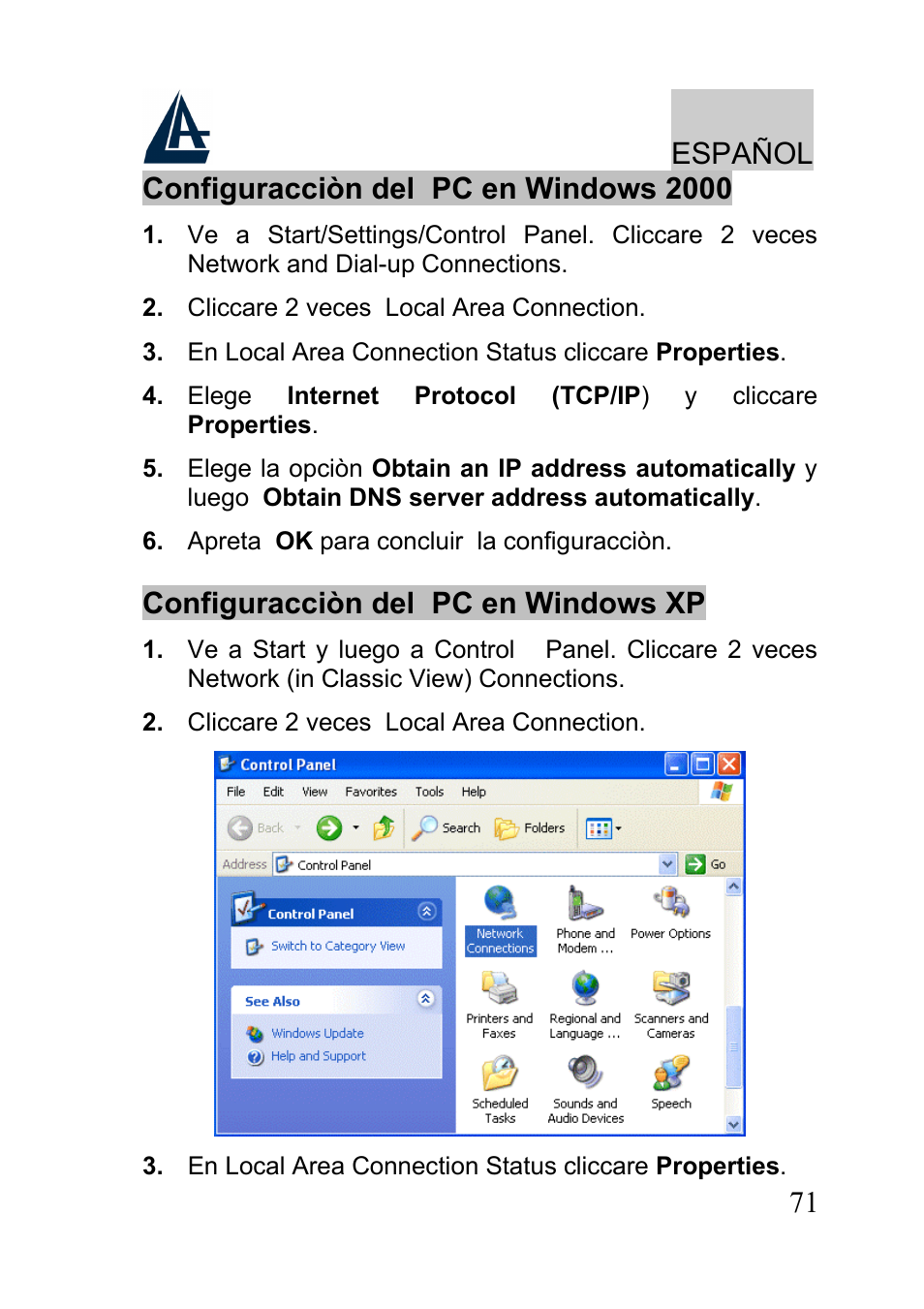 Español, Configuracciòn del pc en windows xp | Atlantis A02-RA241-W54 User Manual | Page 71 / 80