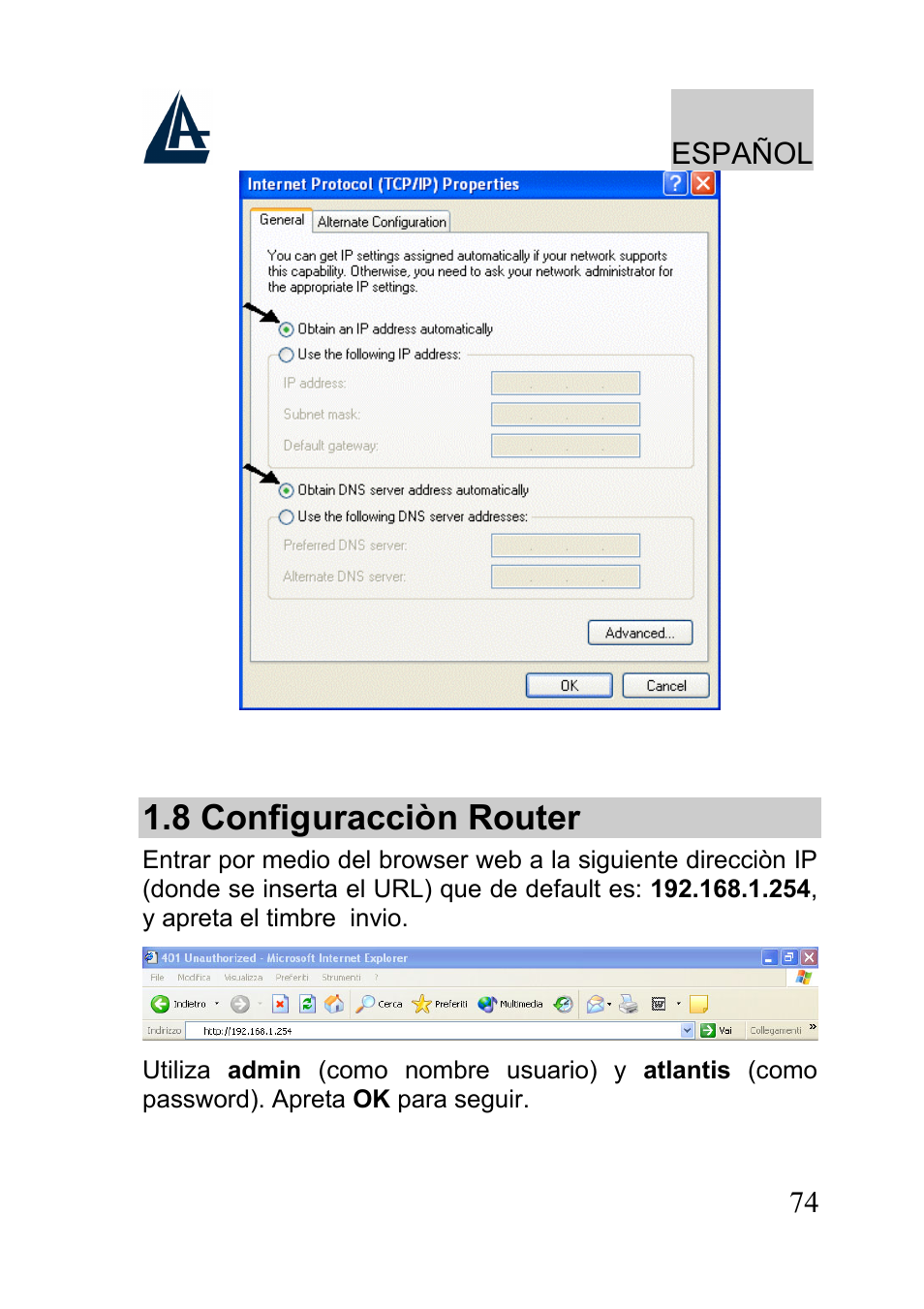 8 configuracciòn router, Español | Atlantis A02-RA241-W54 User Manual | Page 74 / 80