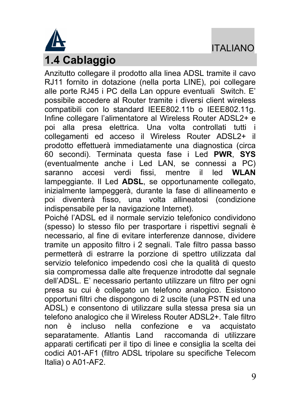 4 cablaggio | Atlantis A02-RA241-W54 User Manual | Page 9 / 80