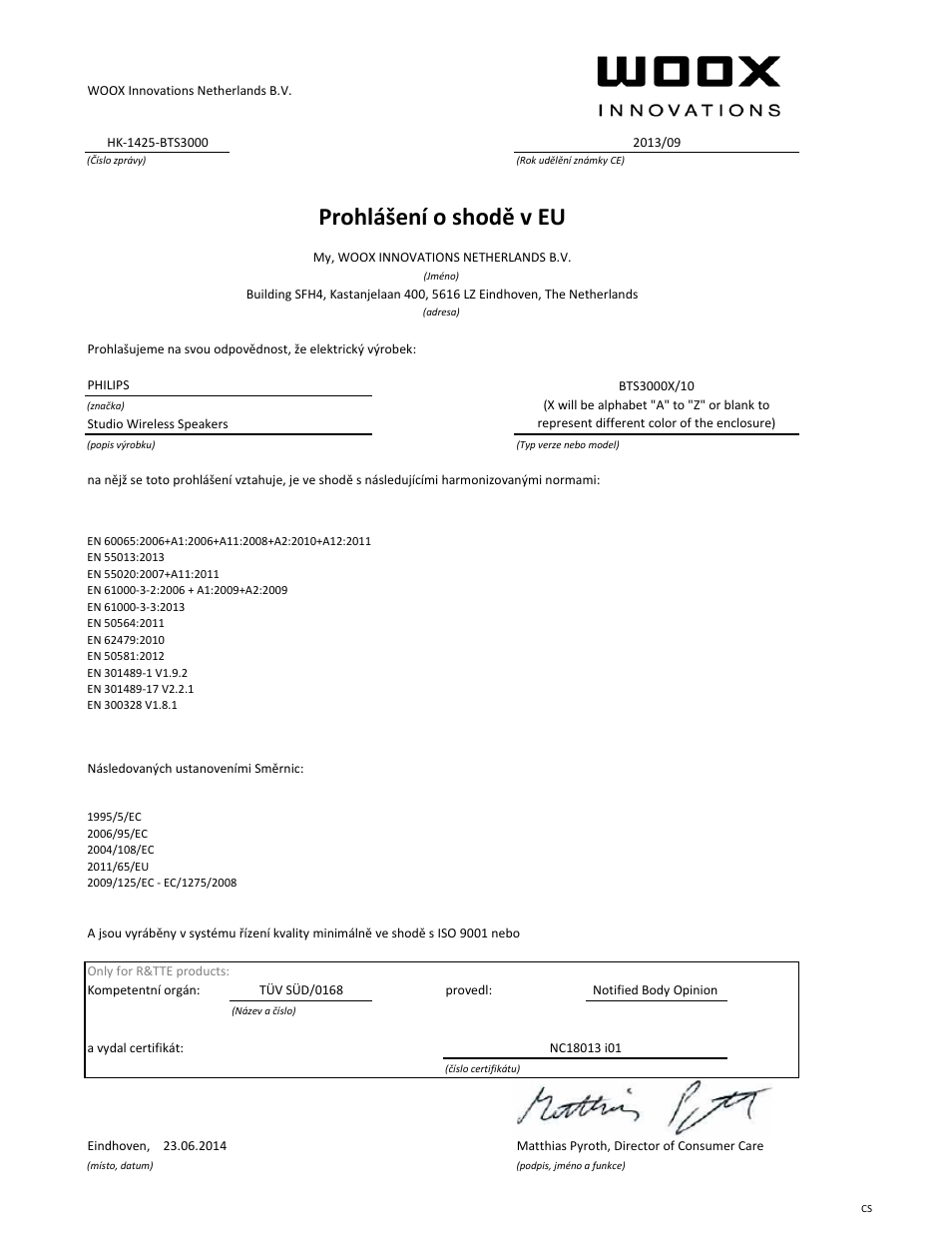 Prohlášení o shodě v eu | Philips enceintes sans fil stéréo User Manual | Page 15 / 21