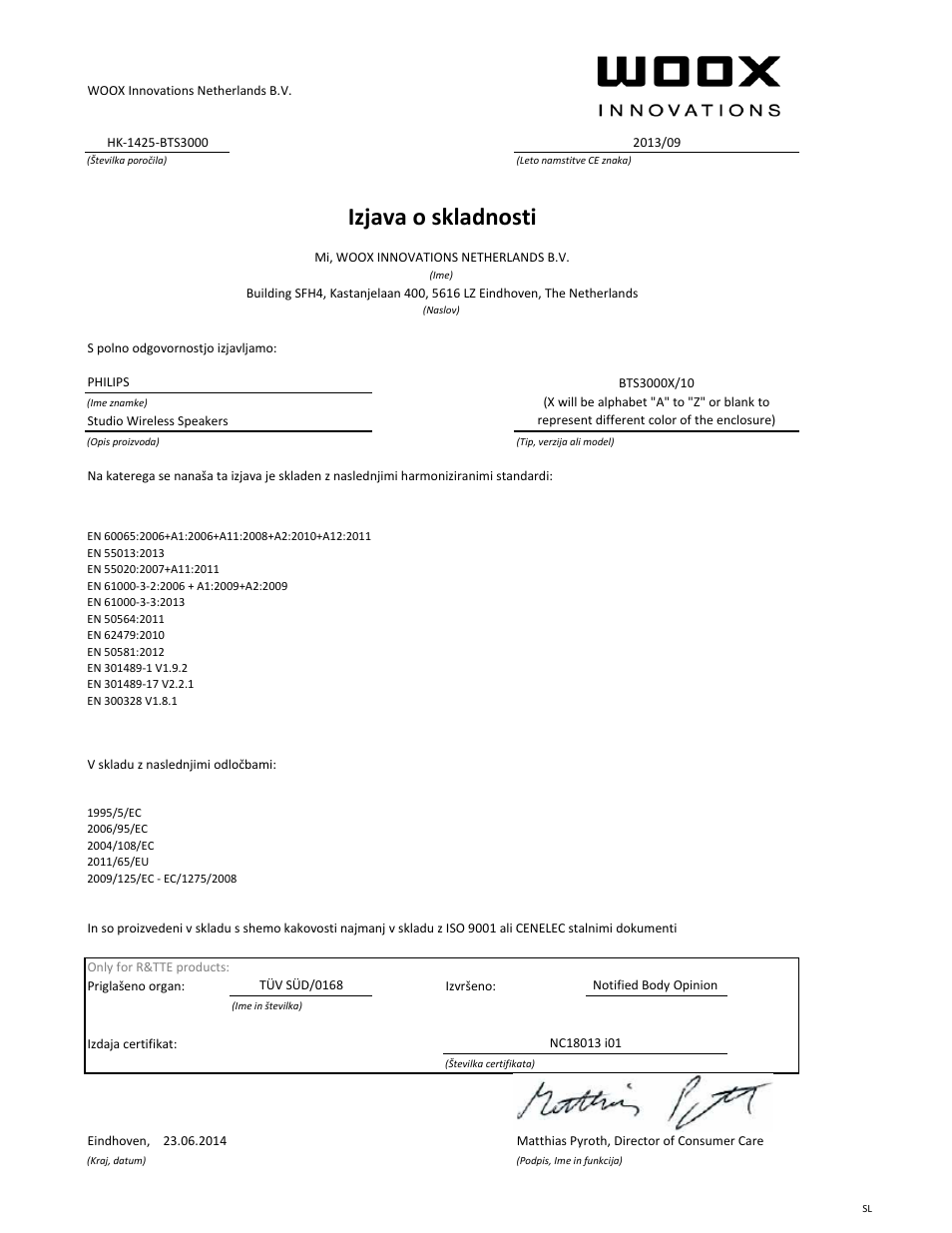 Izjava o skladnosti | Philips enceintes sans fil stéréo User Manual | Page 17 / 21