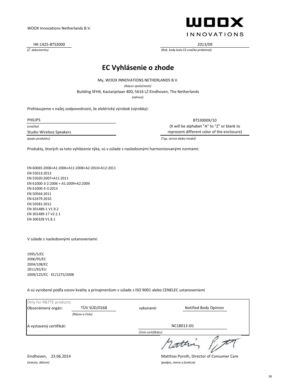 Ec vyhlásenie o zhode | Philips enceintes sans fil stéréo User Manual | Page 18 / 21