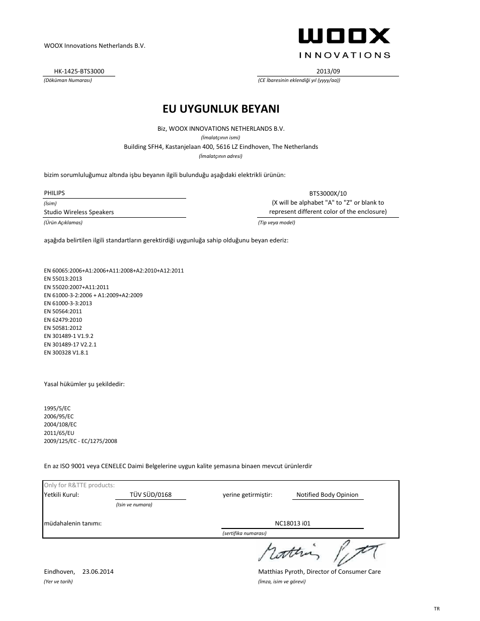 Eu uygunluk beyani | Philips enceintes sans fil stéréo User Manual | Page 21 / 21